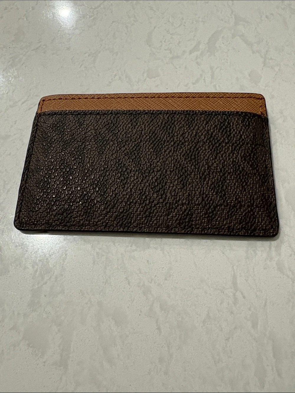 Michael Kors Dark Brown and Tan Leather Card Sleeve with Gold Logo